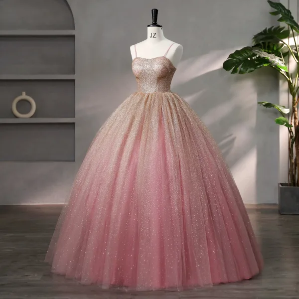 Sparkly Ball Gown Dusky Pink Prom Dresses 2023 Spaghetti Straps Sleeveless Quinceañera Glitter Formal Dresses