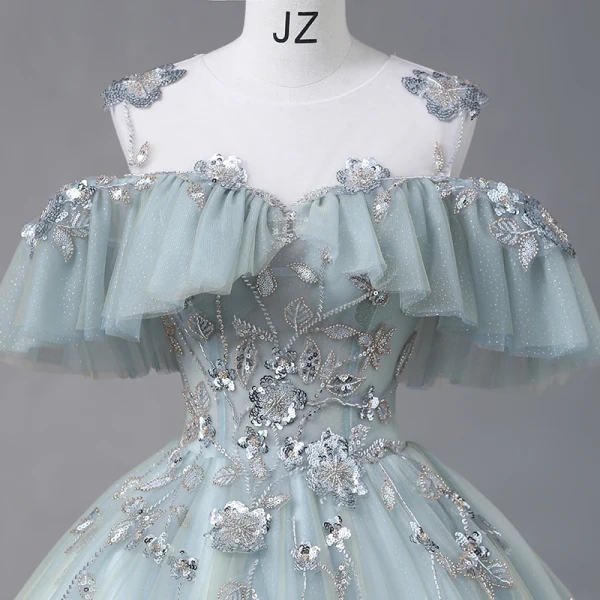 Lovely Sage Green Prom Dresses 2023 A-Line / Princess Cowl Neck Short Sleeve Crossed Straps Glitter Sequins Tulle Formal Dresses