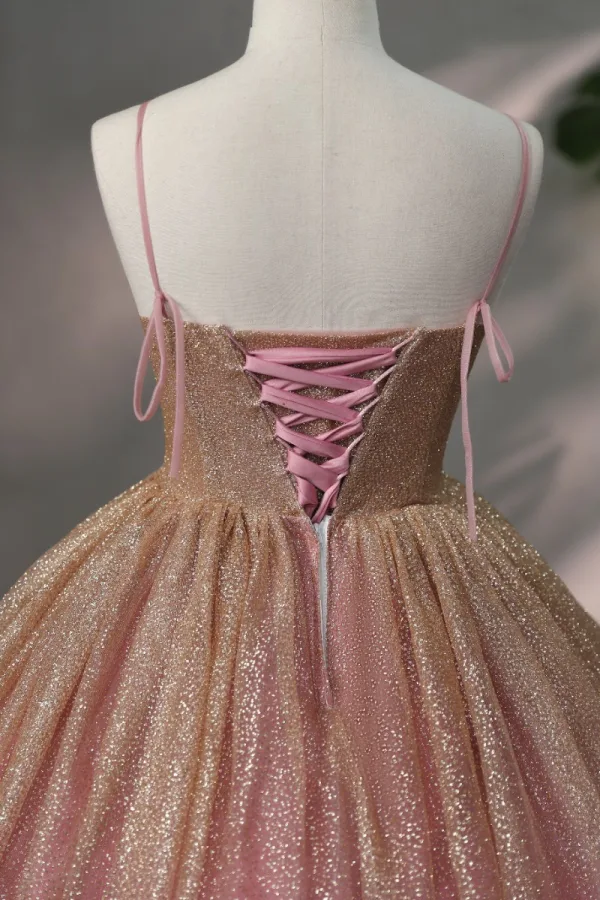Sparkly Ball Gown Dusky Pink Prom Dresses 2023 Spaghetti Straps Sleeveless Quinceañera Glitter Formal Dresses