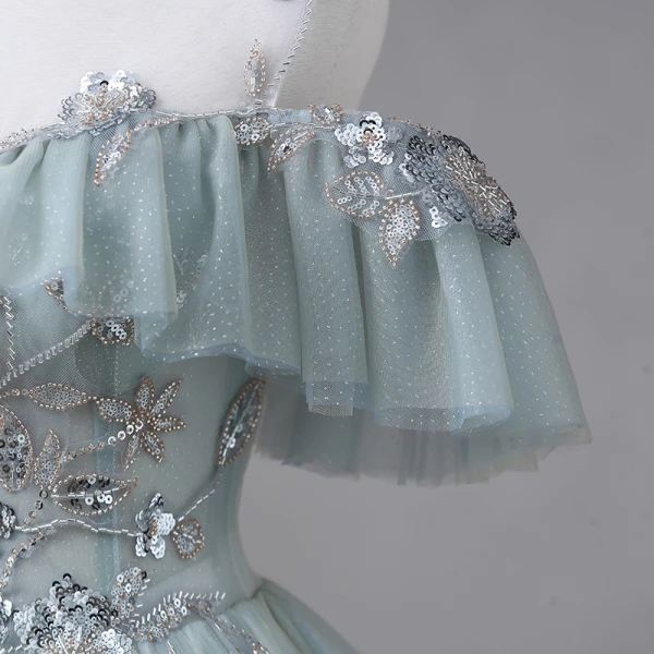 Lovely Sage Green Prom Dresses 2023 A-Line / Princess Cowl Neck Short Sleeve Crossed Straps Glitter Sequins Tulle Formal Dresses