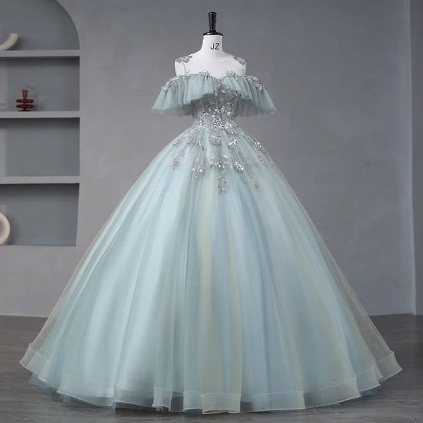 Lovely Sage Green Prom Dresses 2023 A-Line / Princess Cowl Neck Short Sleeve Crossed Straps Glitter Sequins Tulle Formal Dresses