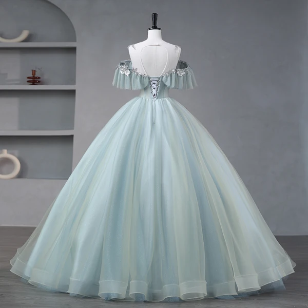 Lovely Sage Green Prom Dresses 2023 A-Line / Princess Cowl Neck Short Sleeve Crossed Straps Glitter Sequins Tulle Formal Dresses