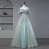 Lovely Sage Green Prom Dresses 2023 A-Line / Princess Cowl Neck Short Sleeve Crossed Straps Glitter Sequins Tulle Formal Dresses
