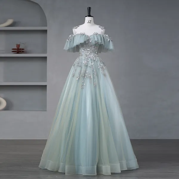 Lovely Sage Green Prom Dresses 2023 A-Line / Princess Cowl Neck Short Sleeve Crossed Straps Glitter Sequins Tulle Formal Dresses