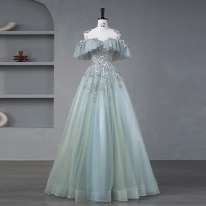 Encantador Verde Salvia Vestidos De Gala 2023 A Line Princess Cuello De Capucha Manga Corta Correas Cruzadas Glitter Lentejuelas Tul Vestidos Formales