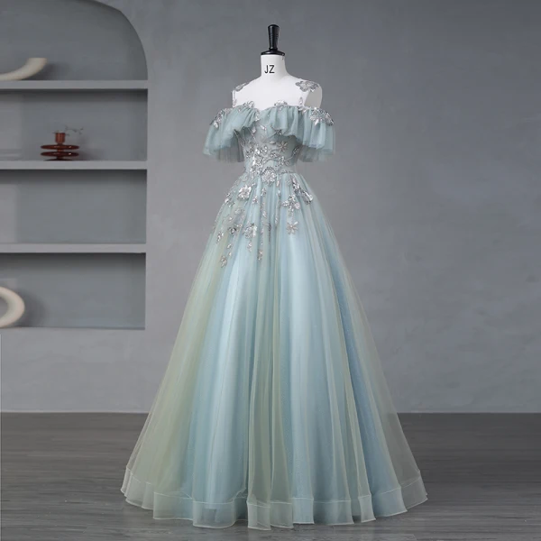 Lovely Sage Green Prom Dresses 2023 A-Line / Princess Cowl Neck Short Sleeve Crossed Straps Glitter Sequins Tulle Formal Dresses