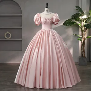 Charmant Rougissant Rose Noeud Robe De Bal 2024 Robe Boule Encolure Carrée Gonflée Manches Courtes Dos Nu Longue Promo Robe De Ceremonie