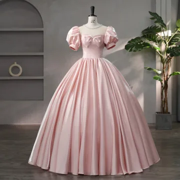 Lovely Blushing Pink Bow Prom Dresses 2024 Ball Gown Square Neckline Puffy Short Sleeve Backless Floor Length Long Prom Formal Dresses