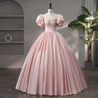 Schön Rosa Schleife Ballkleider 2024 Ballkleid Eckiger Ausschnitt Geschwollenes Kurze Ärmel Rückenfreies Lange Ball Festliche Kleider
