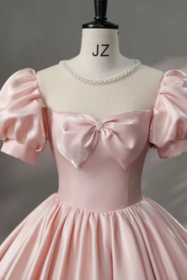 Lovely Blushing Pink Bow Prom Dresses 2024 Ball Gown Square Neckline Puffy Short Sleeve Backless Floor-Length / Long Prom Formal Dresses