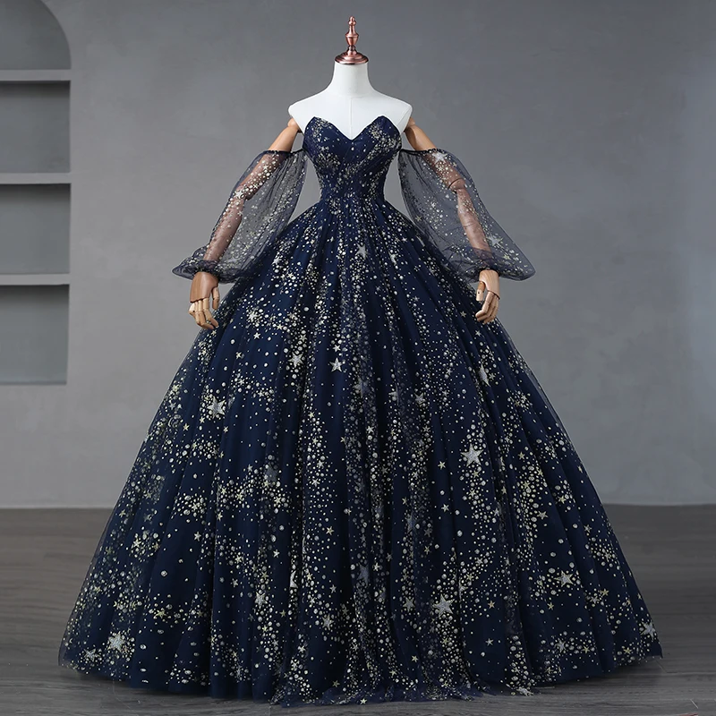 Sparkly Starry Sky Navy Blue Prom Dresses 2023 Sweetheart Floor Length Long  Crossed Straps Tulle Ball Gown Formal Dresses