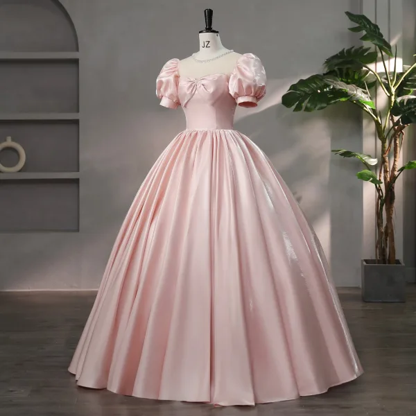 Lovely Blushing Pink Bow Prom Dresses 2024 Ball Gown Square Neckline Puffy Short Sleeve Backless Floor-Length / Long Prom Formal Dresses