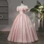 Lovely Blushing Pink Bow Prom Dresses 2024 Ball Gown Square Neckline Puffy Short Sleeve Backless Floor-Length / Long Prom Formal Dresses
