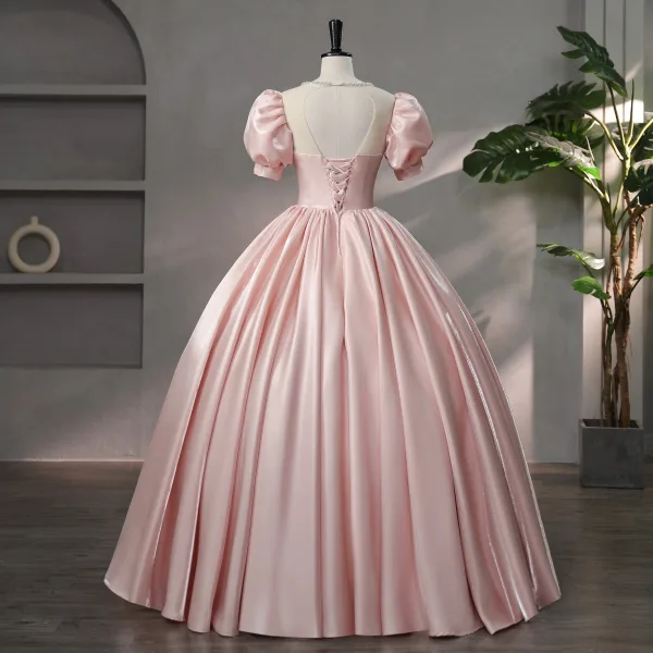 Lovely Blushing Pink Bow Prom Dresses 2024 Ball Gown Square Neckline Puffy Short Sleeve Backless Floor-Length / Long Prom Formal Dresses