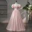 Lovely Blushing Pink Bow Prom Dresses 2024 Ball Gown Square Neckline Puffy Short Sleeve Backless Floor-Length / Long Prom Formal Dresses