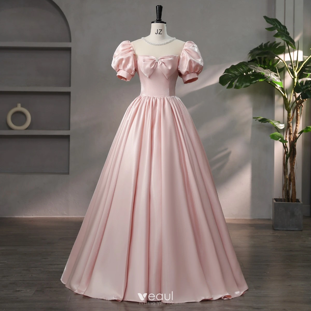 Lovely Blushing Pink Bow Prom Dresses 2024 Ball Gown Square Neckline Puffy  Short Sleeve Backless Floor-Length / Long Prom Formal Dresses
