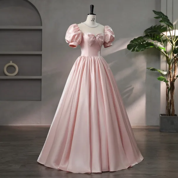 Lovely Blushing Pink Bow Prom Dresses 2024 Ball Gown Square Neckline Puffy Short Sleeve