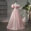 Lovely Blushing Pink Bow Prom Dresses 2024 Ball Gown Square Neckline Puffy Short Sleeve Backless Floor-Length / Long Prom Formal Dresses