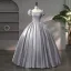 Elegant Grey Beading Pearl Sequins Satin Prom Dresses 2024 Ball Gown Square Neckline Puffy Short Sleeve Backless Floor-Length / Long Prom Formal Dresses