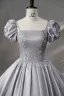 Elegant Grey Beading Pearl Sequins Satin Prom Dresses 2024 Ball Gown Square Neckline Puffy Short Sleeve Backless Floor-Length / Long Prom Formal Dresses