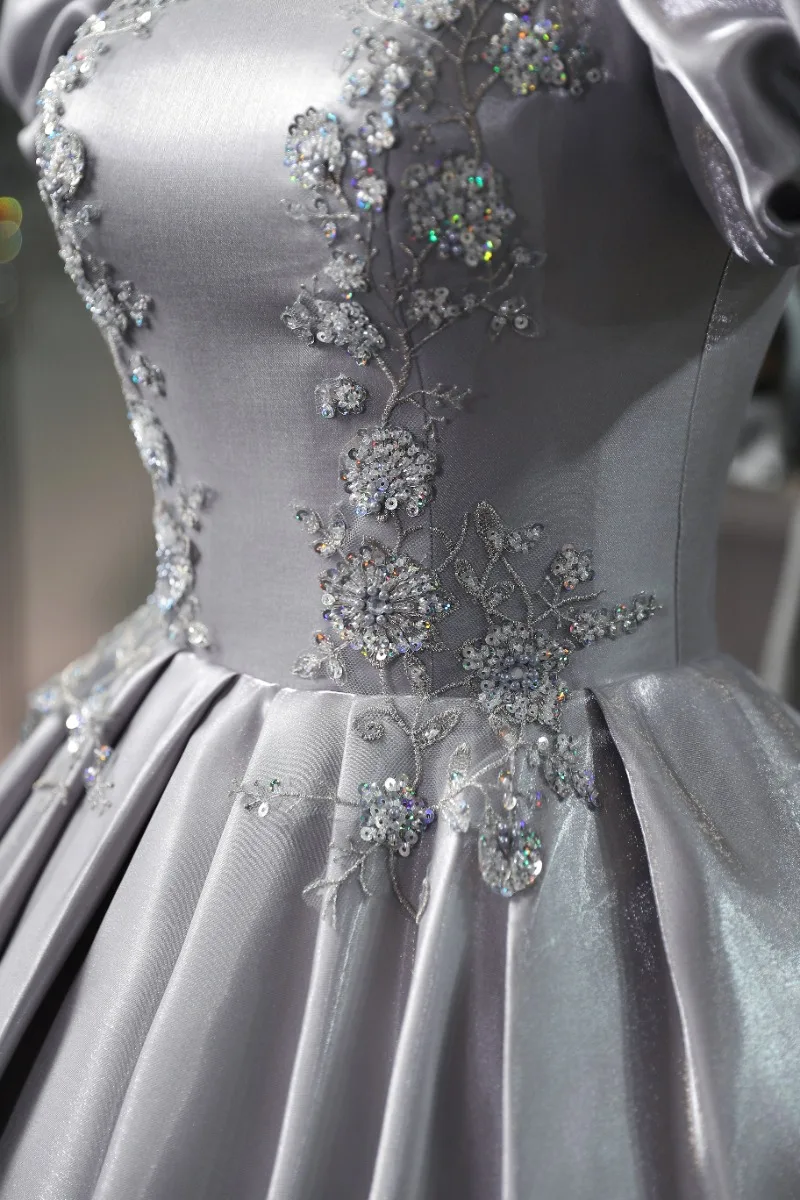 Elegant Grey Beading Pearl Sequins Satin Prom Dresses 2024 Ball Gown Square Neckline