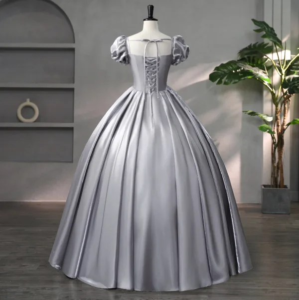Elegant Grey Beading Pearl Sequins Satin Prom Dresses 2024 Ball Gown Square Neckline Puffy Short Sleeve Backless Floor-Length / Long Prom Formal Dresses