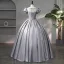 Elegant Grey Beading Pearl Sequins Satin Prom Dresses 2024 Ball Gown Square Neckline Puffy Short Sleeve Backless Floor-Length / Long Prom Formal Dresses