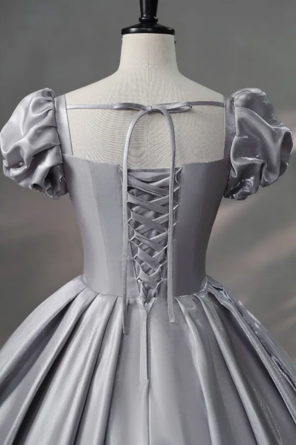 Elegant Grey Beading Pearl Sequins Satin Prom Dresses 2024 Ball Gown Square Neckline Puffy Short Sleeve Backless Floor-Length / Long Prom Formal Dresses
