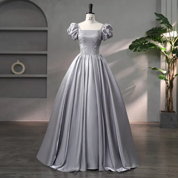 Elegant Grey Beading Pearl Sequins Satin Prom Dresses 2024 Ball Gown Square Neckline Puffy Short Sleeve Backless Floor-Length / Long Prom Formal Dresses