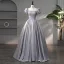 Elegant Grey Beading Pearl Sequins Satin Prom Dresses 2024 Ball Gown Square Neckline Puffy Short Sleeve Backless Floor-Length / Long Prom Formal Dresses
