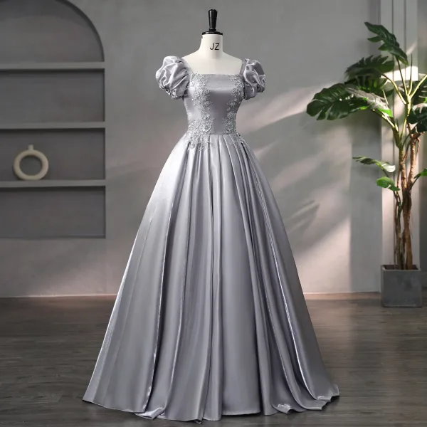 Elegant Grey Beading Pearl Sequins Satin Prom Dresses 2024 Ball Gown Square Neckline