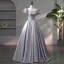 Elegant Grey Beading Pearl Sequins Satin Prom Dresses 2024 Ball Gown Square Neckline Puffy Short Sleeve Backless Floor-Length / Long Prom Formal Dresses