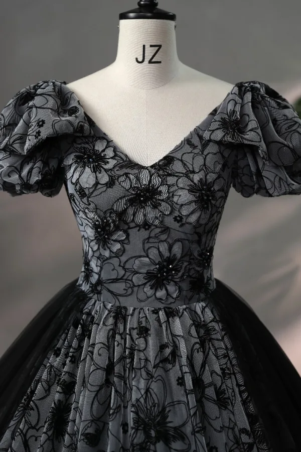 Chic / Beautiful Black Rhinestone Flower Prom Dresses 2024 Ball Gown V-Neck Short Sleeve Backless Floor-Length / Long Prom Formal Dresses