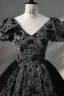 Chic / Beautiful Black Rhinestone Flower Prom Dresses 2024 Ball Gown V-Neck Short Sleeve Backless Floor-Length / Long Prom Formal Dresses
