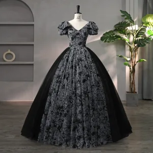 Chic Beautiful Black Rhinestone Flower Prom Dresses 2024 Ball Gown V Neck Short Sleeve Backless Floor Length Long Prom Formal Dresses