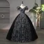Chic / Beautiful Black Rhinestone Flower Prom Dresses 2024 Ball Gown V-Neck Short Sleeve Backless Floor-Length / Long Prom Formal Dresses