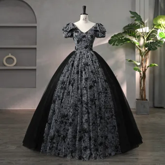 Chic Belle Noire Faux Diamant Fleur Robe De Bal 2024 Robe Boule V Cou Manches Courtes Dos Nu Longue Promo Robe De Ceremonie