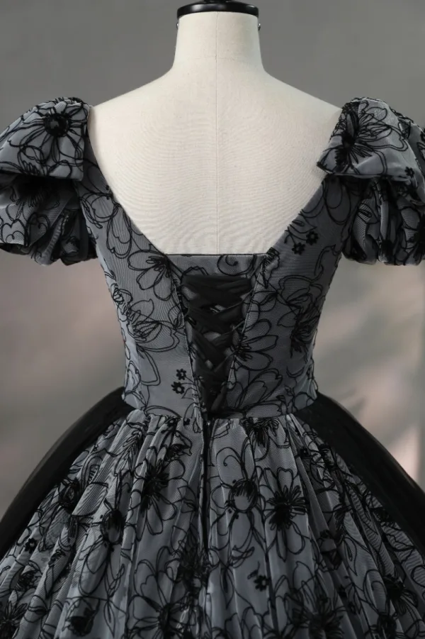 Chic / Beautiful Black Rhinestone Flower Prom Dresses 2024 Ball Gown V-Neck Short Sleeve Backless Floor-Length / Long Prom Formal Dresses