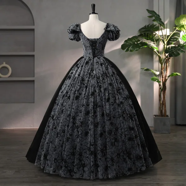 Chic / Beautiful Black Rhinestone Flower Prom Dresses 2024 Ball Gown V-Neck Short Sleeve Backless Floor-Length / Long Prom Formal Dresses