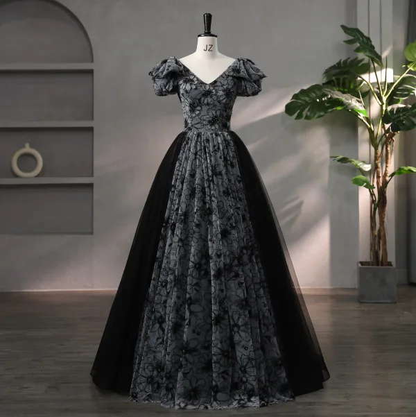Chic / Beautiful Black Rhinestone Flower Prom Dresses 2024 Ball Gown V-Neck Short Sleeve Backless Floor-Length / Long Prom Formal Dresses