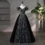 Chic / Beautiful Black Rhinestone Flower Prom Dresses 2024 Ball Gown V-Neck Short Sleeve Backless Floor-Length / Long Prom Formal Dresses