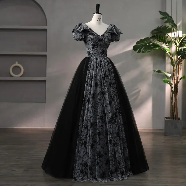 Chic / Beautiful Black Rhinestone Flower Prom Dresses 2024 Ball Gown V-Neck Short Sleeve Backless Floor-Length / Long Prom Formal Dresses