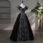 Chic / Beautiful Black Rhinestone Flower Prom Dresses 2024 Ball Gown V-Neck Short Sleeve Backless Floor-Length / Long Prom Formal Dresses