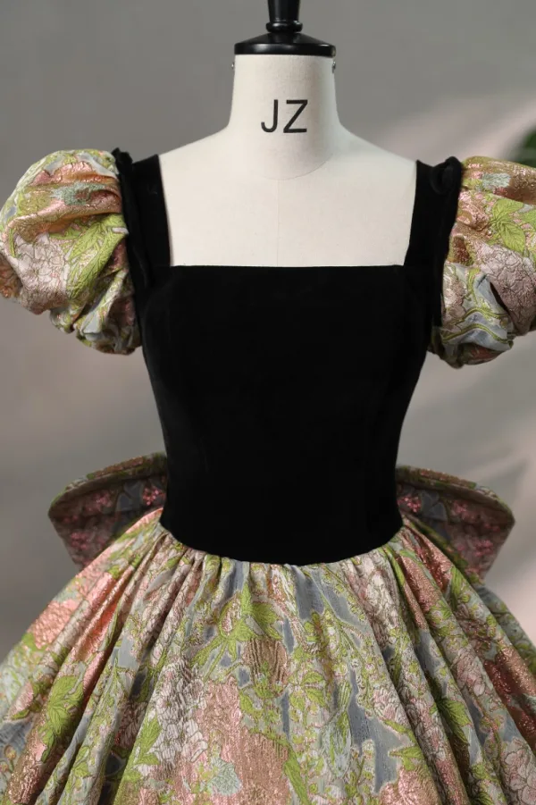 Vintage Retro Black Printing Prom Dresses 2024 Ball Gown Square Neckline Puffy Short Bow