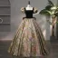 Vintage / Retro Black Printing Prom Dresses 2024 Ball Gown Square Neckline Puffy Short Sleeve Backless Bow Floor-Length / Long Formal Dresses
