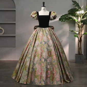 Vintage Schwarz Drucken Ballkleider 2024 Ballkleid Eckiger Ausschnitt Geschwollenes Kurze Ärmel Rückenfreies Schleife Lange Festliche Kleider