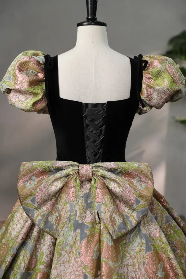 Vintage / Retro Black Printing Prom Dresses 2024 Ball Gown Square Neckline Puffy Short Sleeve Backless Bow Floor-Length / Long Formal Dresses
