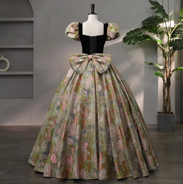 Vintage / Retro Black Printing Prom Dresses 2024 Ball Gown Square Neckline Puffy Short Sleeve Backless Bow Floor-Length / Long Formal Dresses