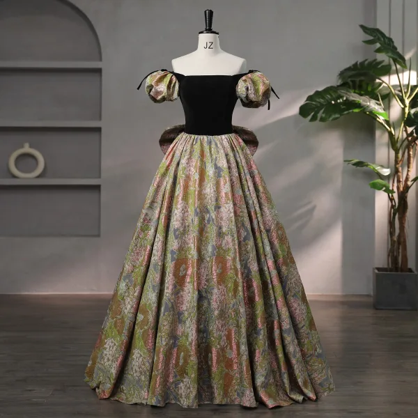 Vintage / Retro Black Printing Prom Dresses 2024 Ball Gown Square Neckline Puffy Short Sleeve Backless Bow Floor-Length / Long Formal Dresses