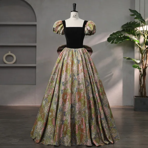 Vintage / Retro Black Printing Prom Dresses 2024 Ball Gown Square Neckline Puffy Short Sleeve Backless Bow Floor-Length / Long Formal Dresses